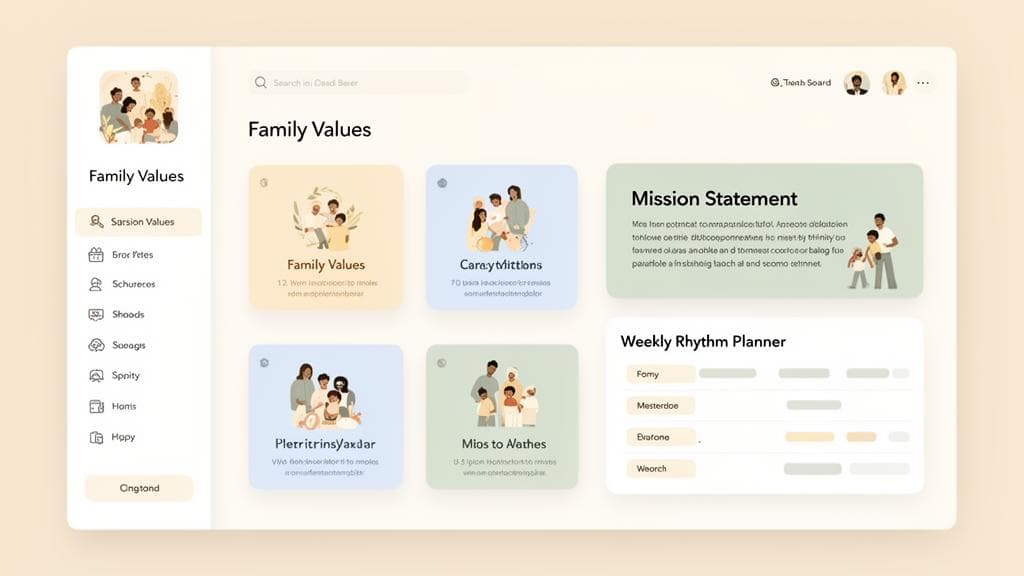 Riverbend Mission app dashboard showing a clean vision board interface with family values and weekly rhythms
